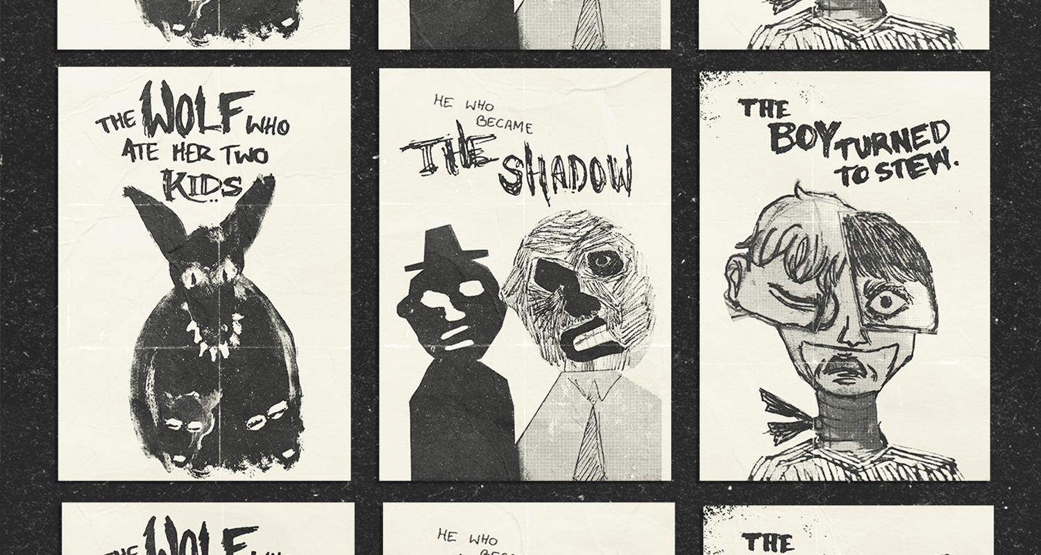 three poster depicting a wolf with two kids, a man with a shadow, and a person with many face.