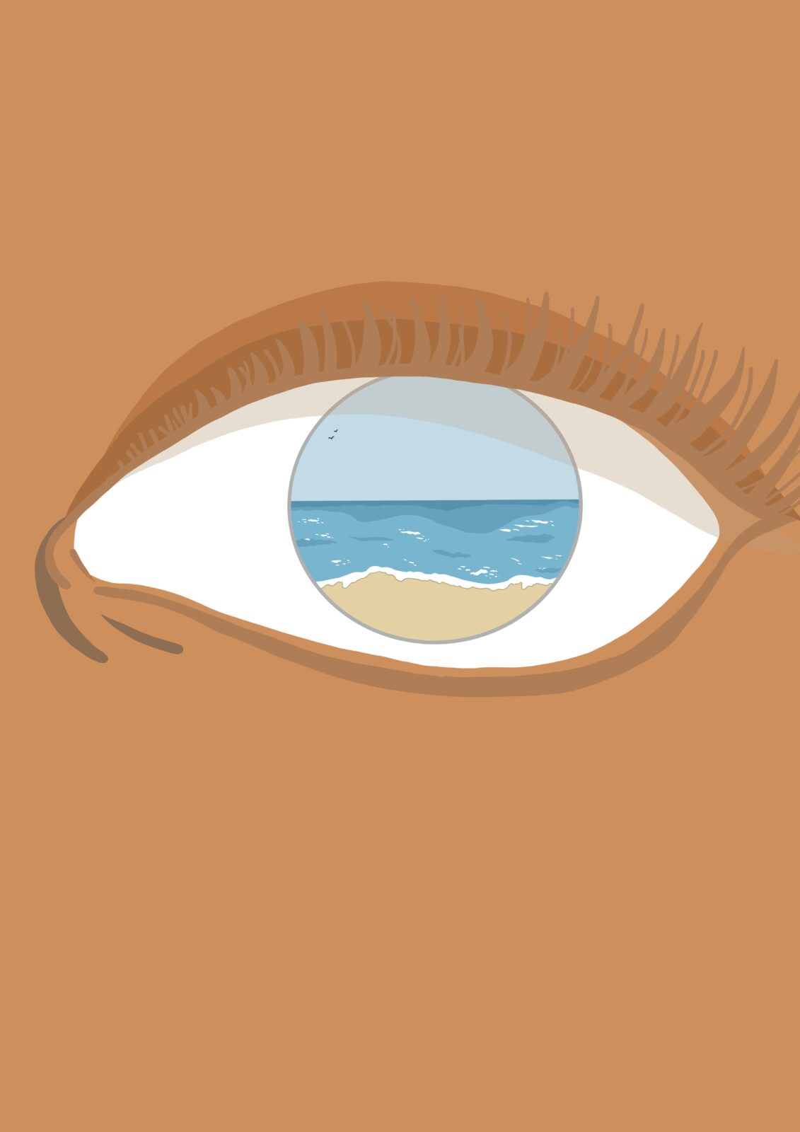 Illustration of a beach scene inside the iris of an eye.