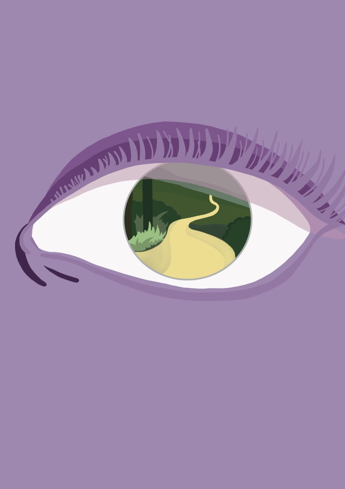 Illustration of a forest scene inside the iris of an eye.