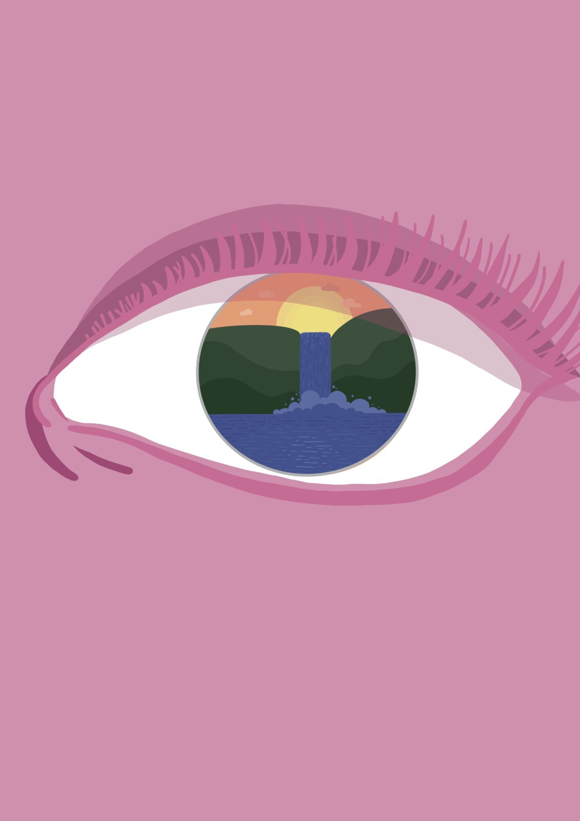 Illustration of a waterfall scene inside the iris of an eye.
