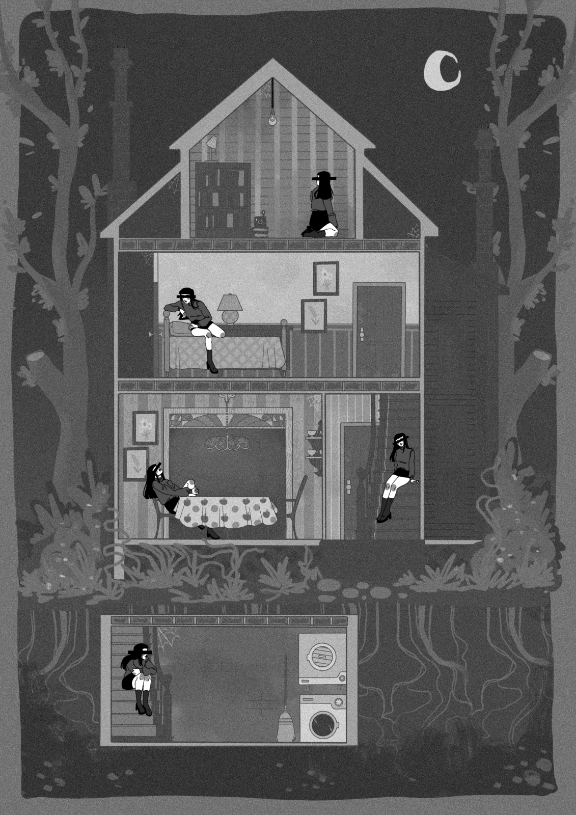 Black and white dollhouse illustration. 