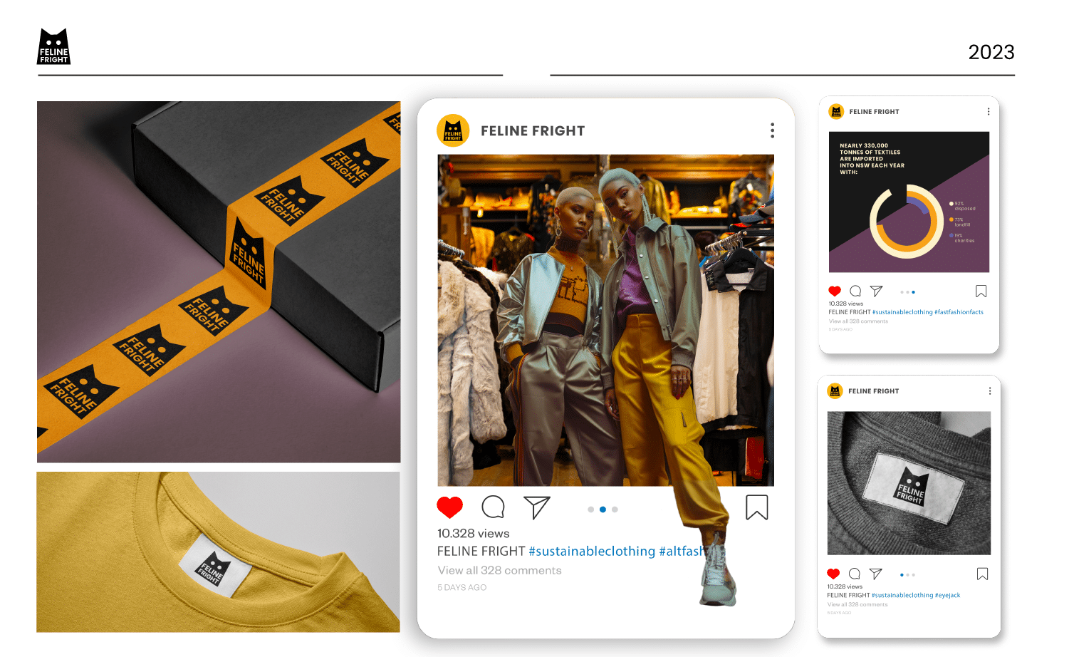 Yellow shirt with a Feline Fright tag, orange packing tape with the feline fright logo on it and Feline Fright's Instagram posts.

