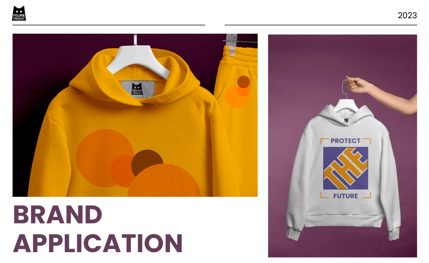 Orange and white hoodie images. Both have the Feline Fright logo sticking out.