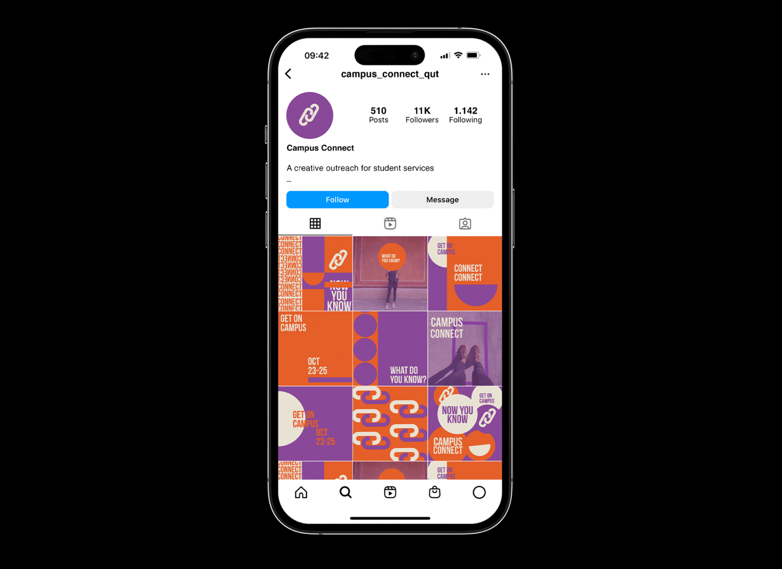 The image features a mock up iphone with the campus connect Instagram in profile view. Showing 9 images, they are in purple and orange bright colours with typography and geometric forms. 